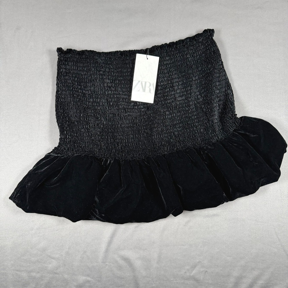 Zara Smocked Velvet Skort‎ Womens XL Black Ruffle Bubble Hem Party Clubwear